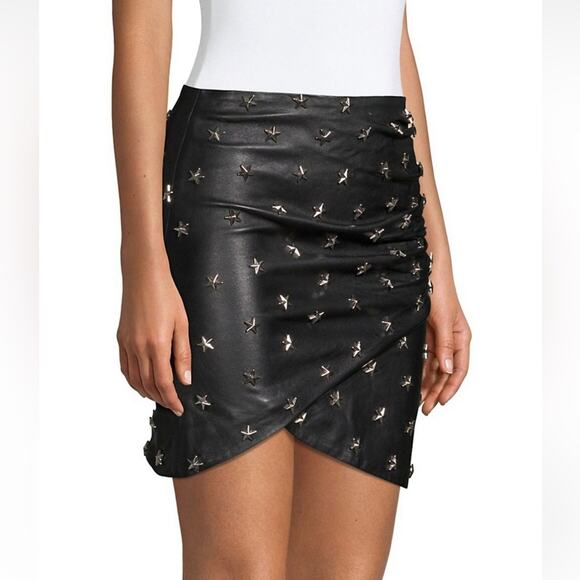 Alice + Olivia Fidela Black Silver Stars Stud Drape 100% Leather Mini Skirt 0 - Picture 2 of 9